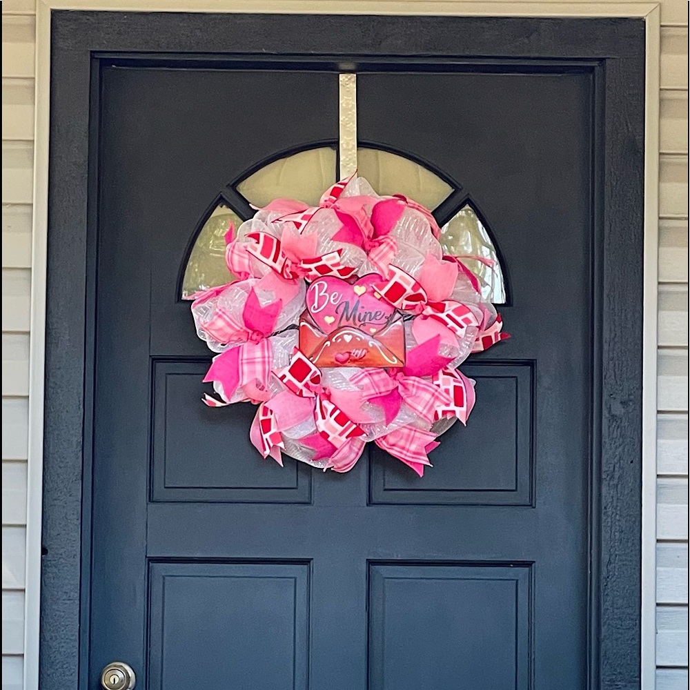 Valentine’s Day Deco Mesh Pink  Front Door Wreath Be Mine